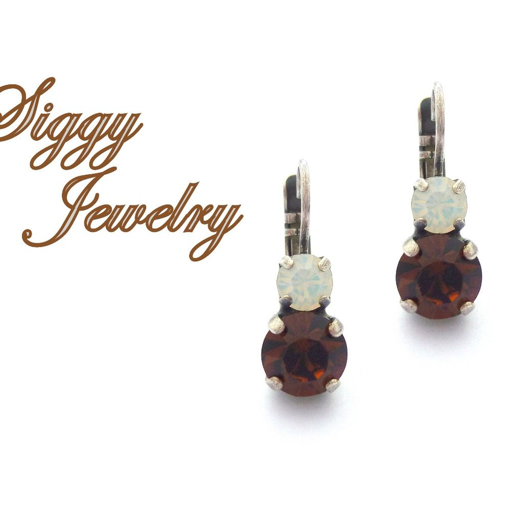 Swarovski Crystal Double Drop Lever Back Earrings in Smoked Topaz and White Opal